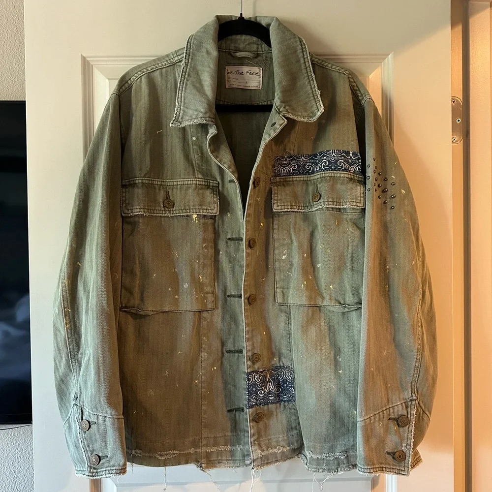 Free People We The Free Selene Studded Military Jacket in Olive Green - Picture 4 of 10